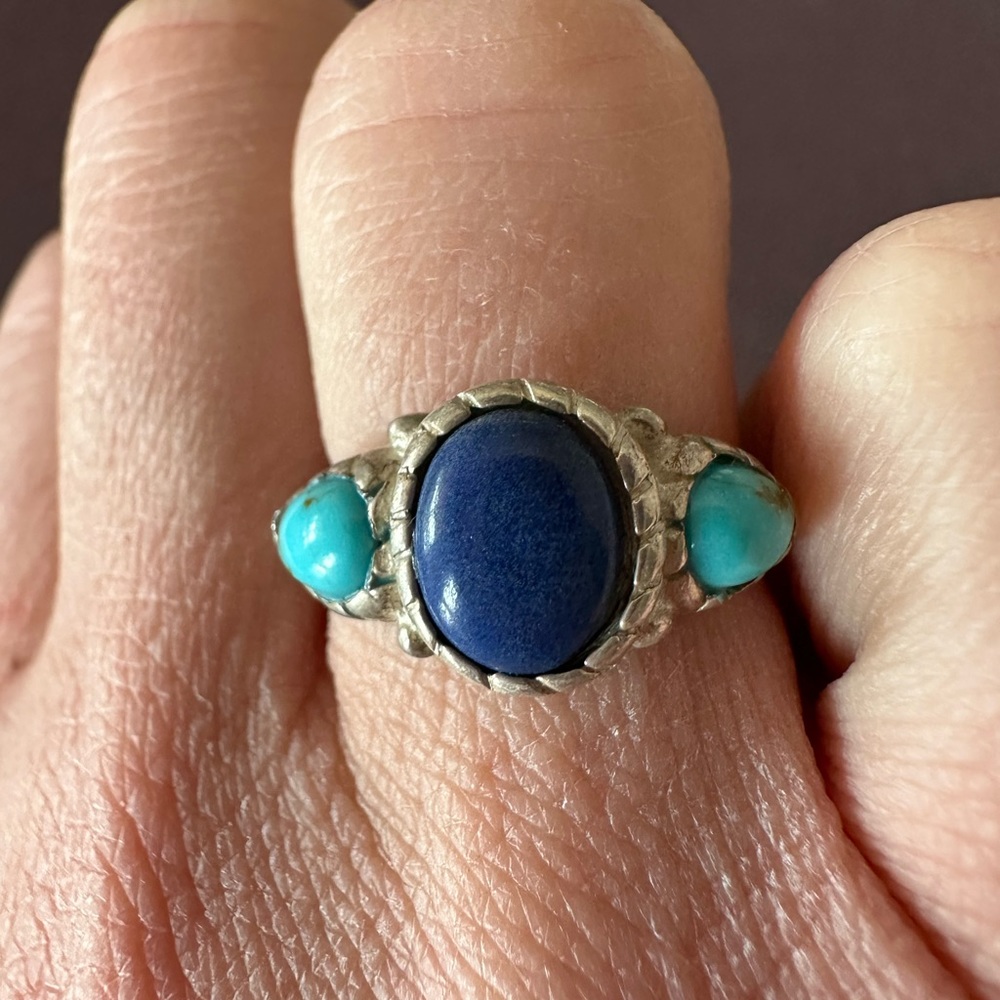 Lapis lazuli and turquoise 3 stone 925 sterling silver ring